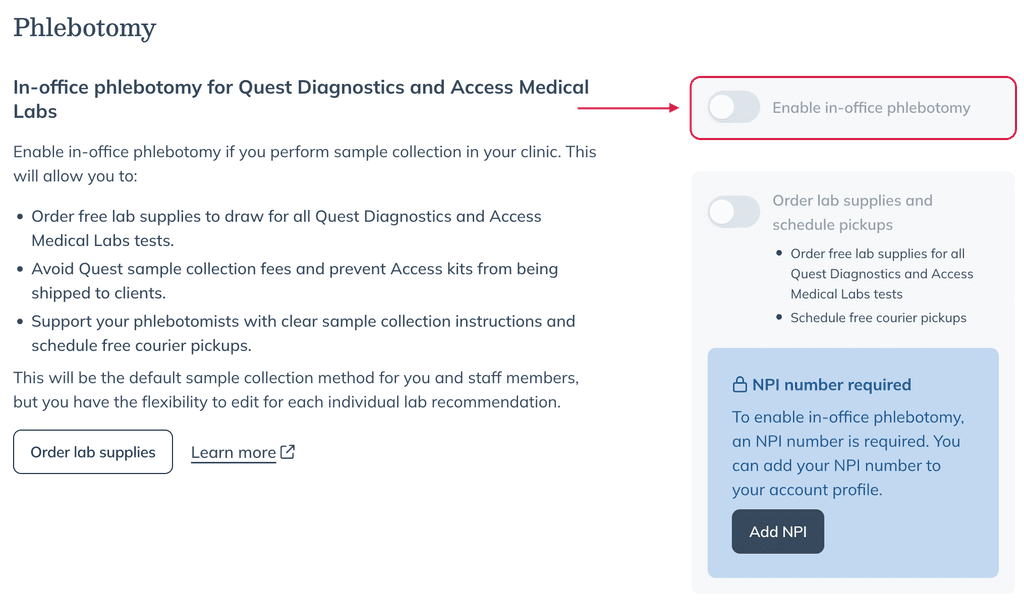 Enable in-office phlebotomy toggle