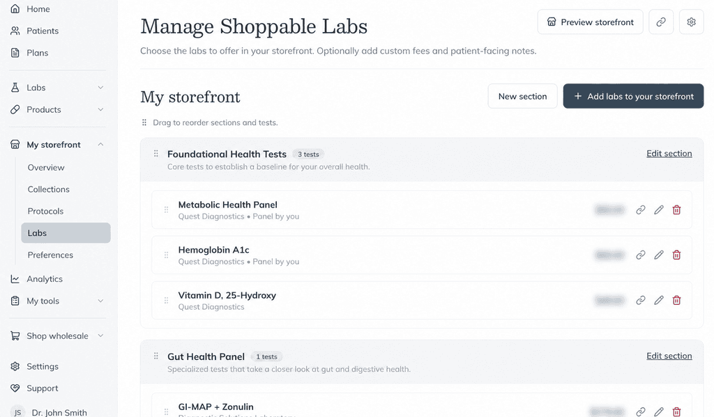 The Manage Shoppable Labs setup page showing a storefront with two sections, Foundational Health Tests and Gut Health Panel, each containing curated lab tests.