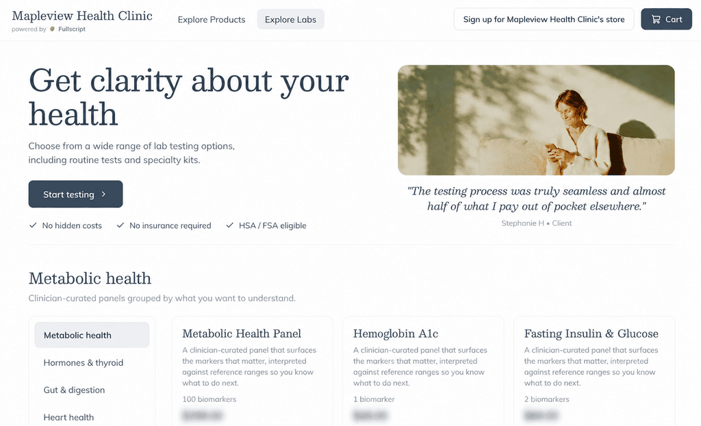 Patient-facing labs storefront titled "Get clarity about your health," showing clinic branding, a hero image, and clinician-curated panels grouped under Metabolic health.