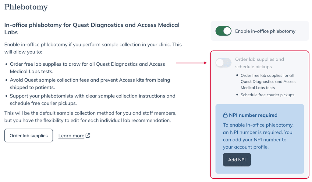 Order lab supplies and schedule pickups toggle