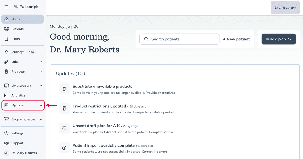 The Home page of the practitioner dashboard with the My Tools tab highlighted.