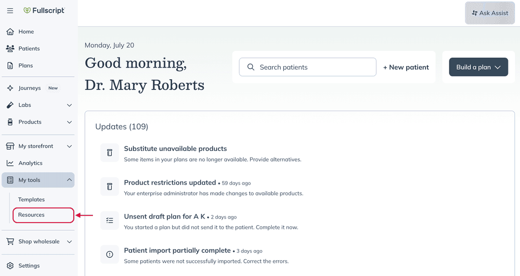 The home page of the practitioner dashboard with the Resources tab highlighted under the My Tools tab.