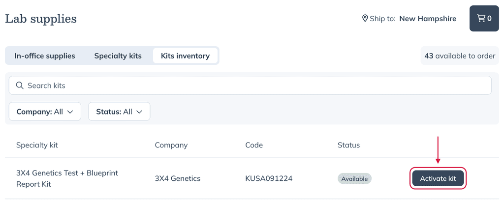 Activate kit button from Lab supplies page