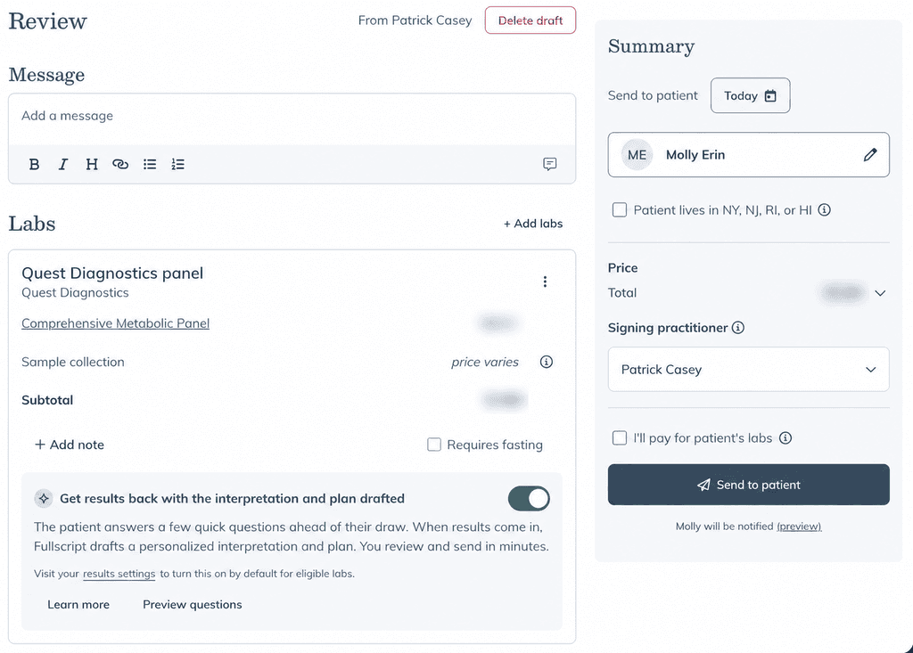 Review page showing an eligible Quest Diagnostics lab with the drafted interpretation and plan setting turned on.