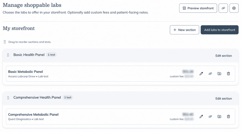The “Manage shoppable labs” page showing panels organized into storefront sections.