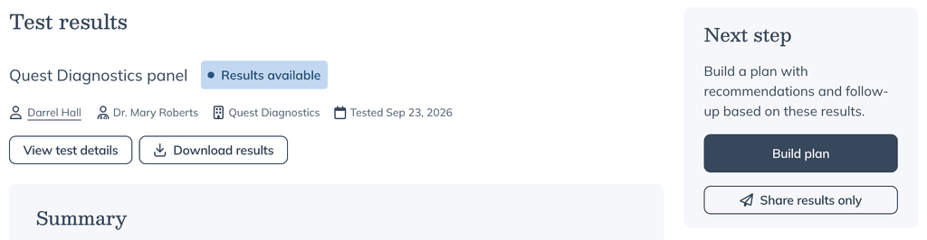 Test results page with a Next step card offering Build plan and Share results only buttons.