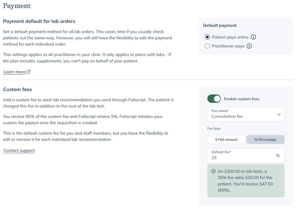 Labs settings Payment section showing the default payment options and custom fee settings, with Percentage selected as the fee type.