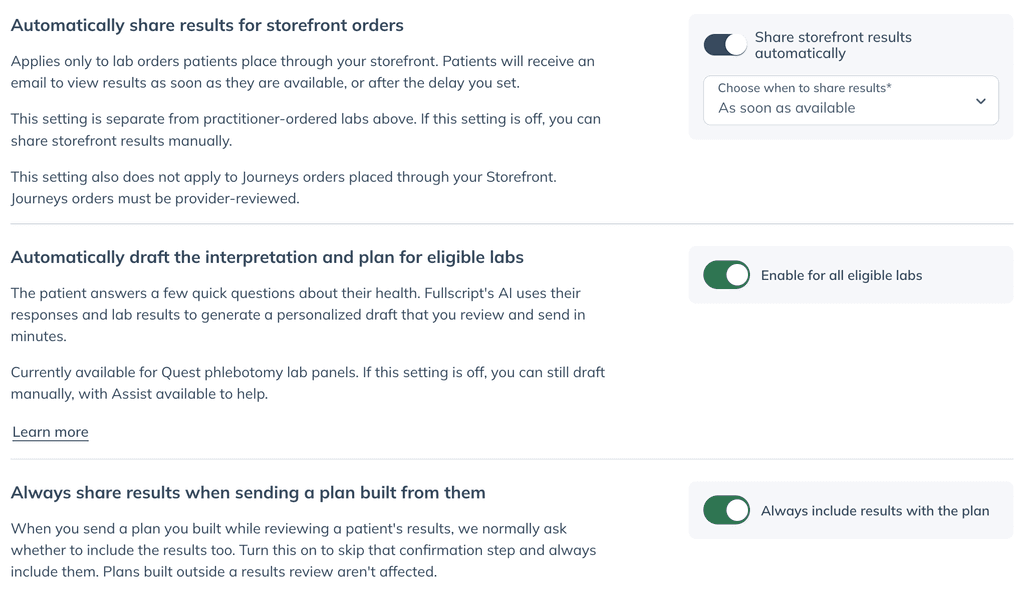 Labs settings Results section showing the storefront results sharing, automatic interpretation and plan drafting, and always include results settings, all turned on.