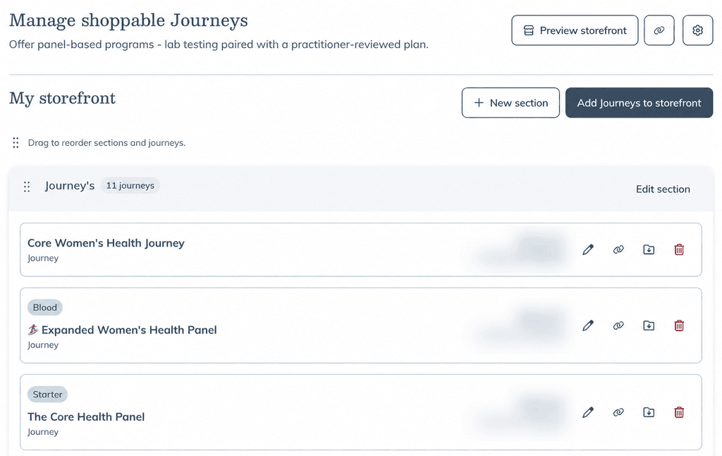 Manage shoppable Journeys page showing published journeys organized in a storefront section, with options to edit, share, move, or remove each journey.