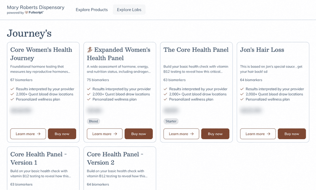 Patient-facing storefront showing available journeys with descriptions, biomarker counts, included features, and options to learn more or buy.
