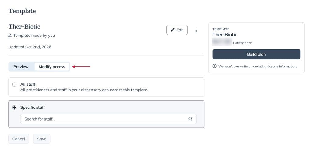 Modify access tab from a template detail page