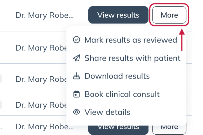 The menu that opens after clicking the More button on the Lab orders dashboard page.
