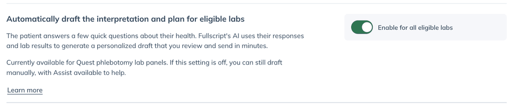 Results settings with Enable for all eligible labs turned on for drafted interpretations and plans.