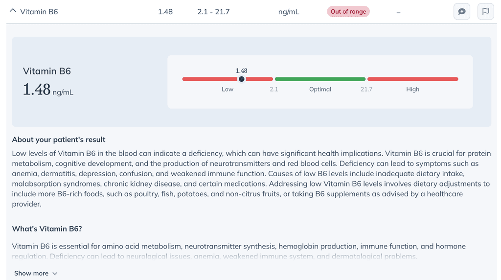 An expanded out of range biomarker with a pre-populated interpretation in the About your patient’s result section.