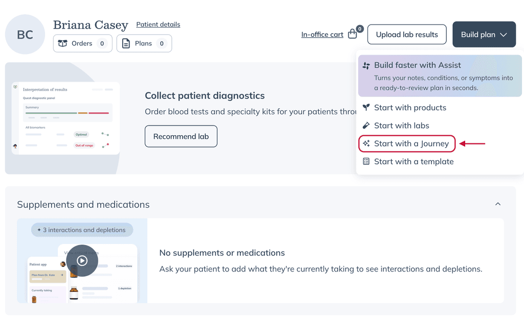Patient profile with the Build plan menu open and the Start with a Journey option highlighted.