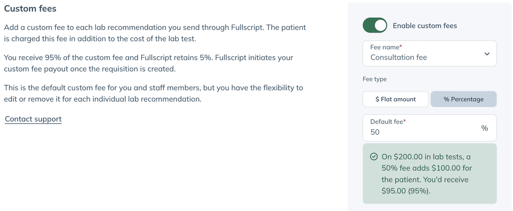 Custom fees settings with Percentage selected and a 50% default fee, including an example of the patient fee and practitioner payout.