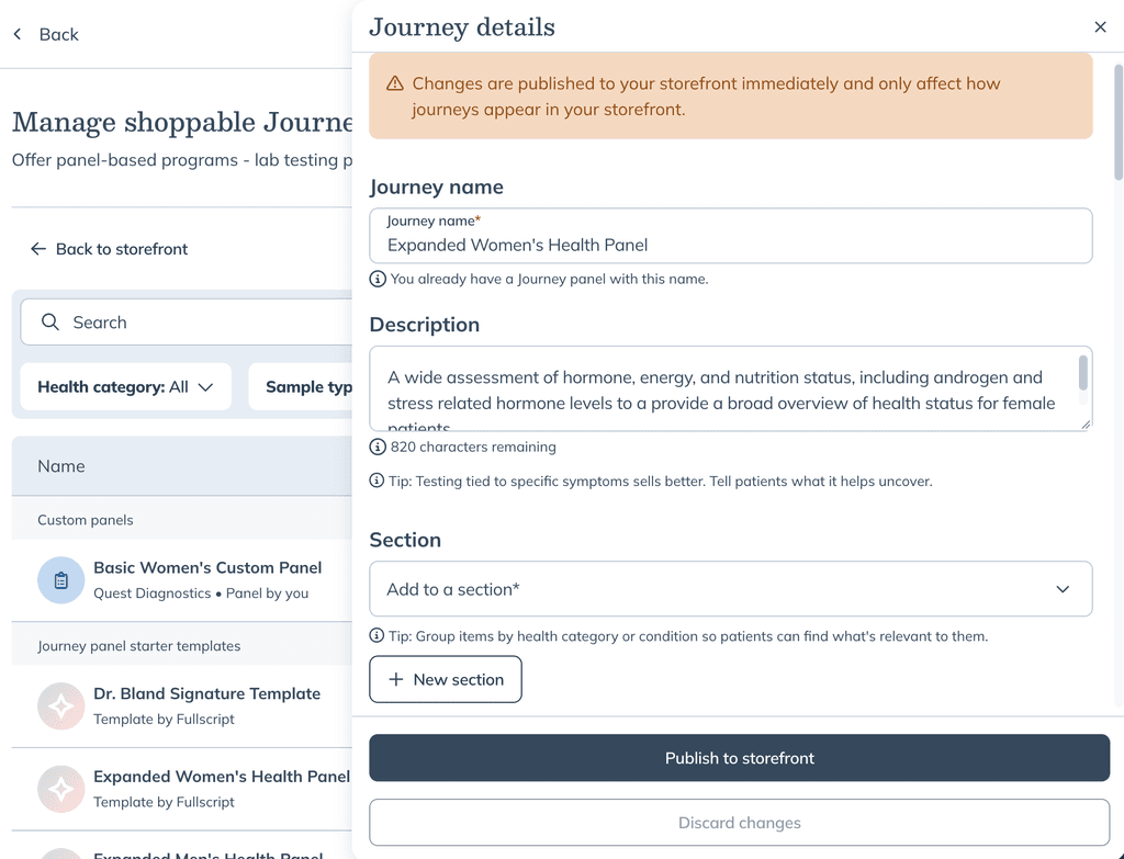 Journey details drawer showing fields to customize the journey name, description, and storefront section before publishing.