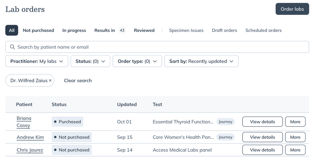 Lab orders page showing Journey tags used to identify journey orders alongside other lab orders.