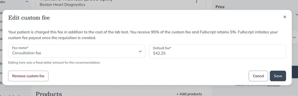 The Edit custom fee modal that allowing you to update the custom fee name and default fee amount.