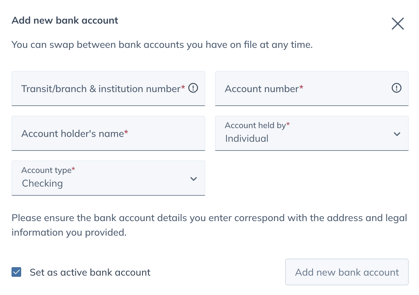 Add new bank account modal.