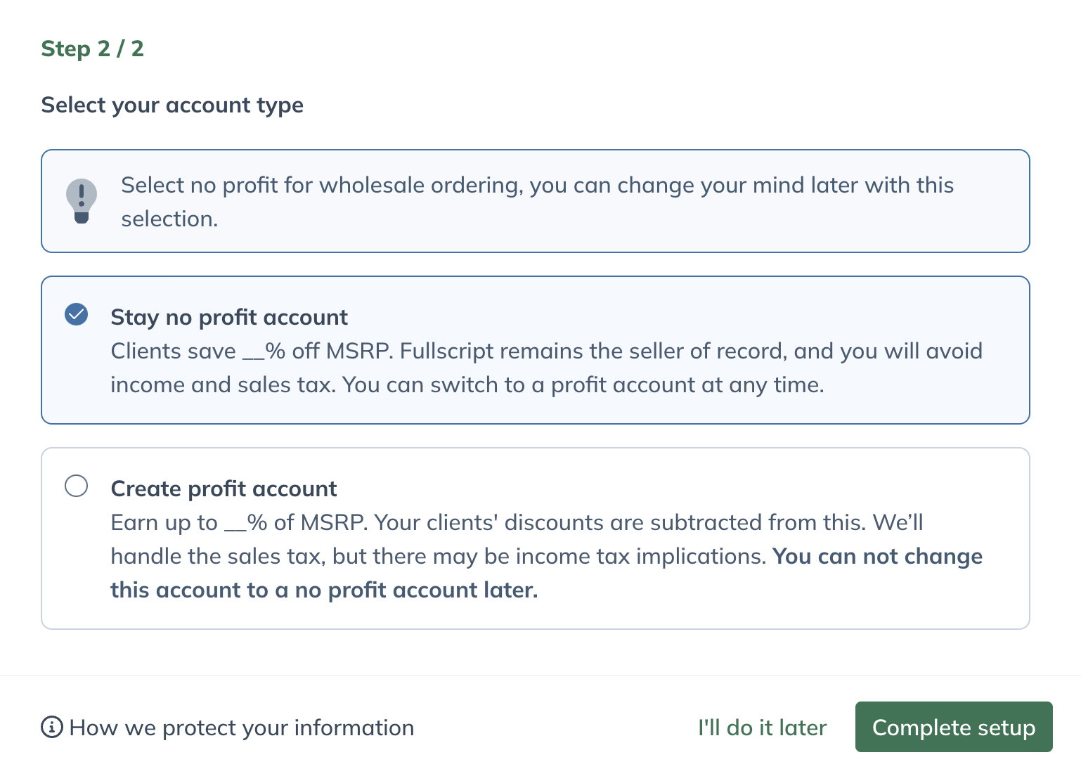 Selecting an account type to complete your account.