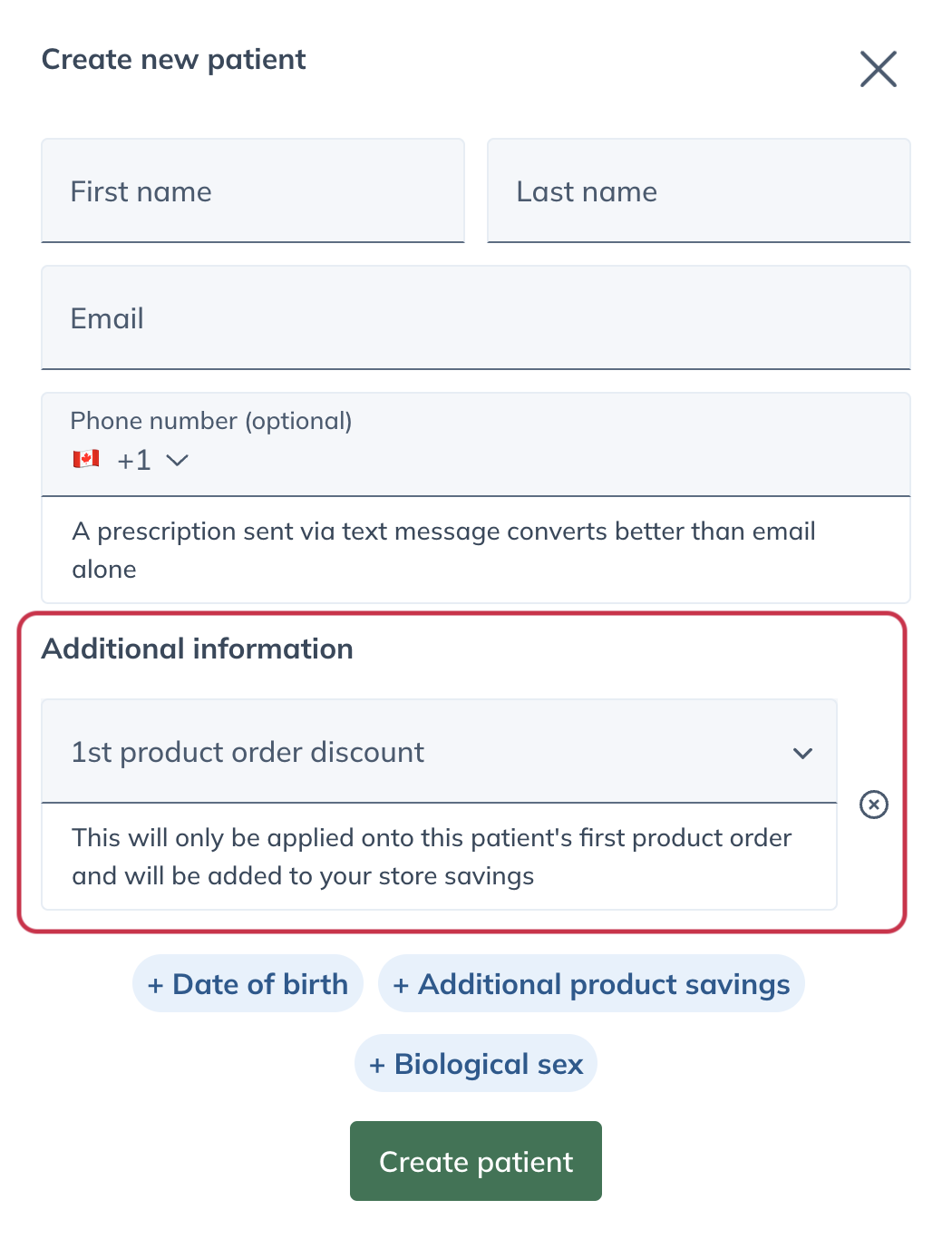 Applying a first order discount from a patient profile.