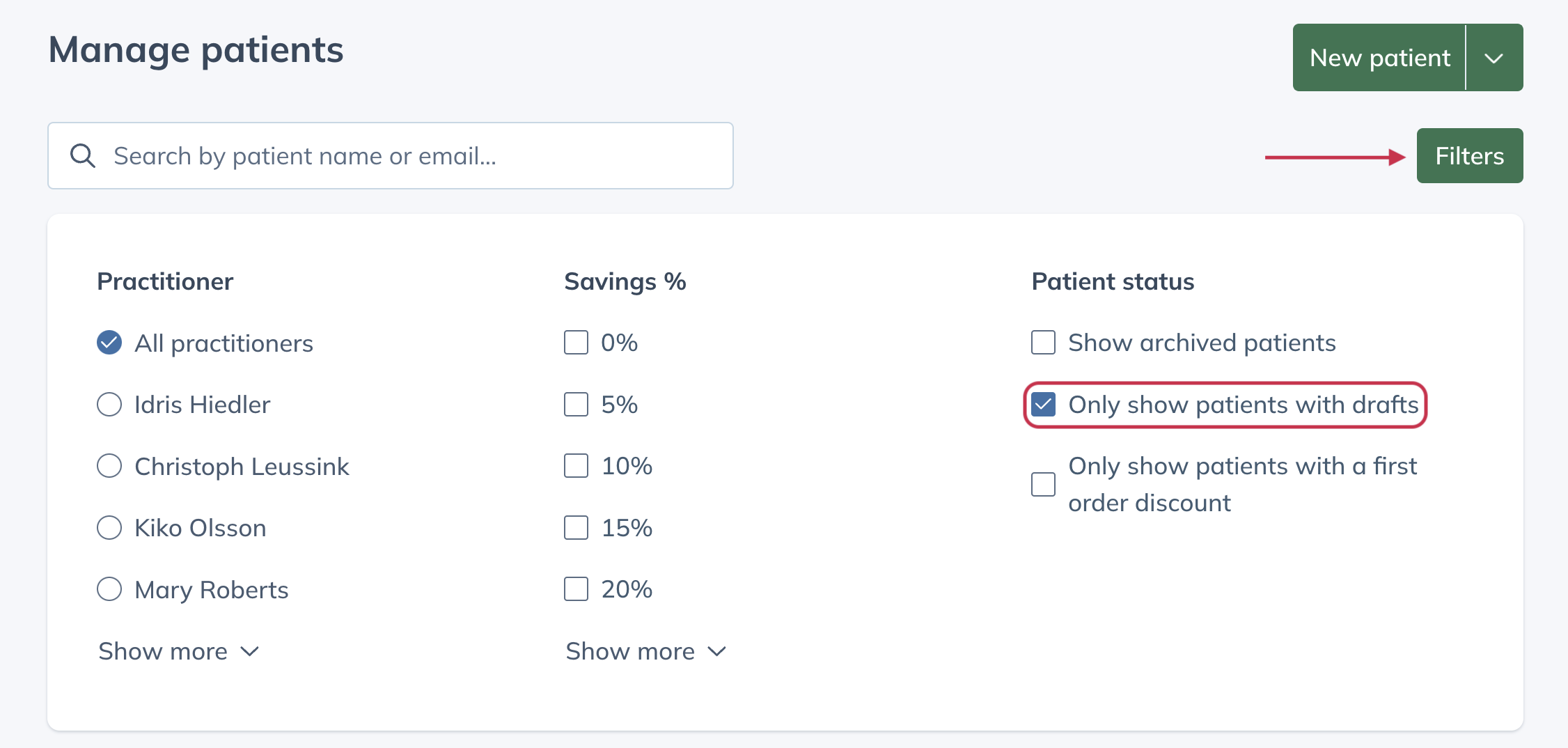 Click on the Filters button to reveal the filter for showing clients with draft prescriptions.