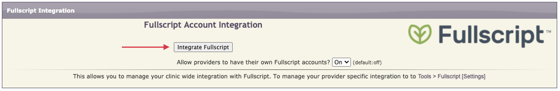 clicking integrate fullscript and entering the credentials for the fullscript dispensary