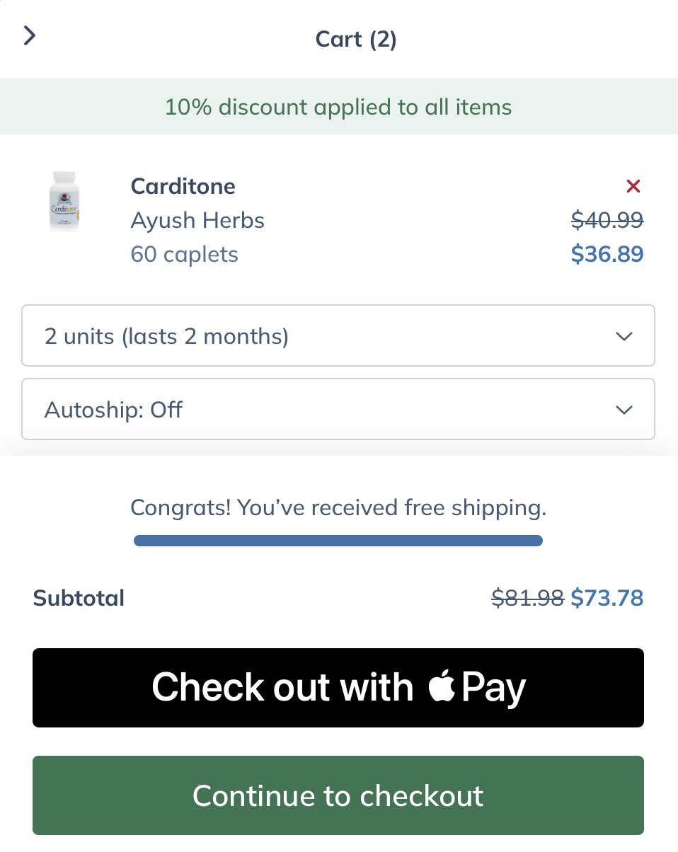 Check out with Apple pay button located above the continue to checkout button