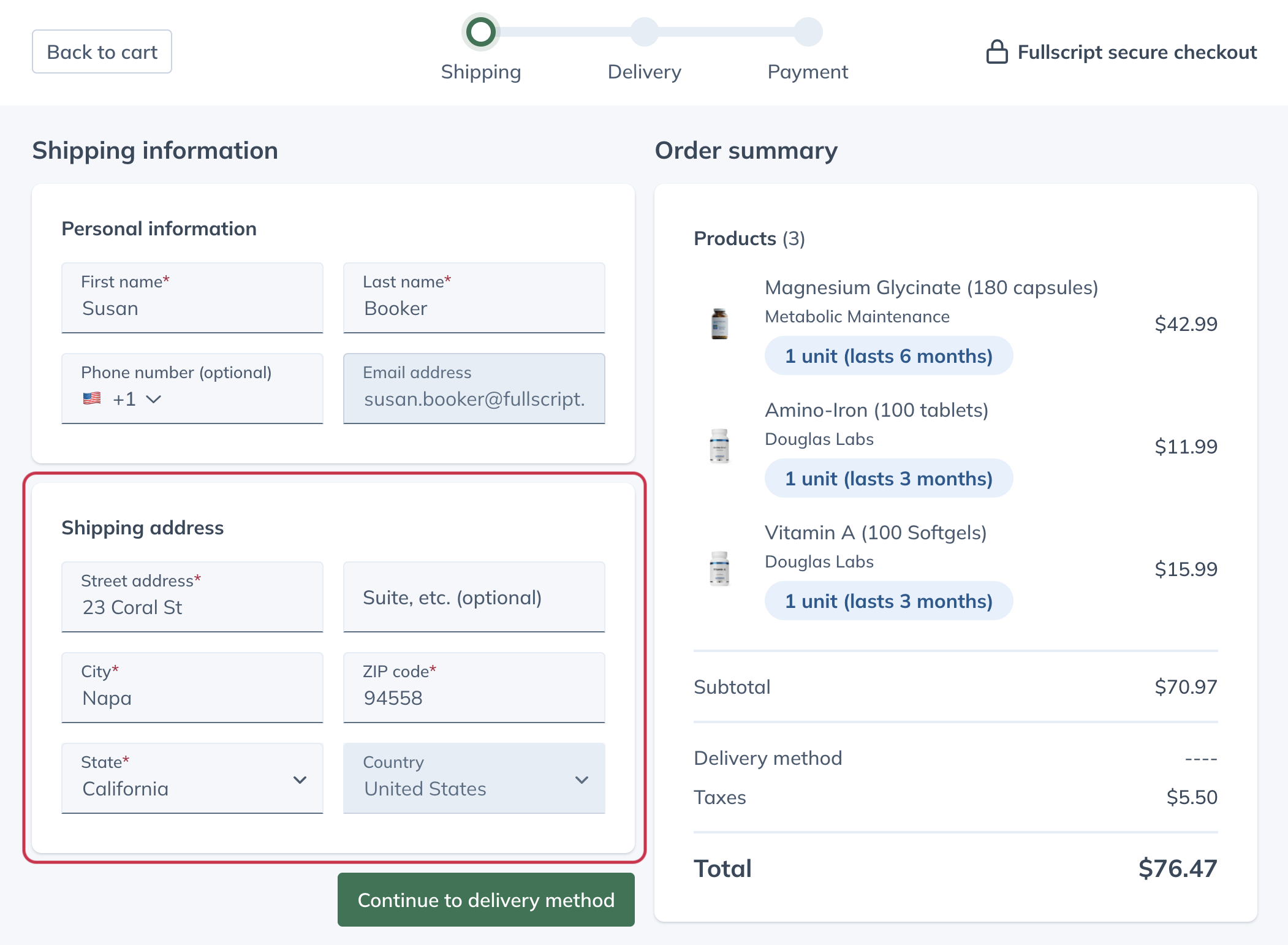 shipping address entry/selection step in patient checkout.