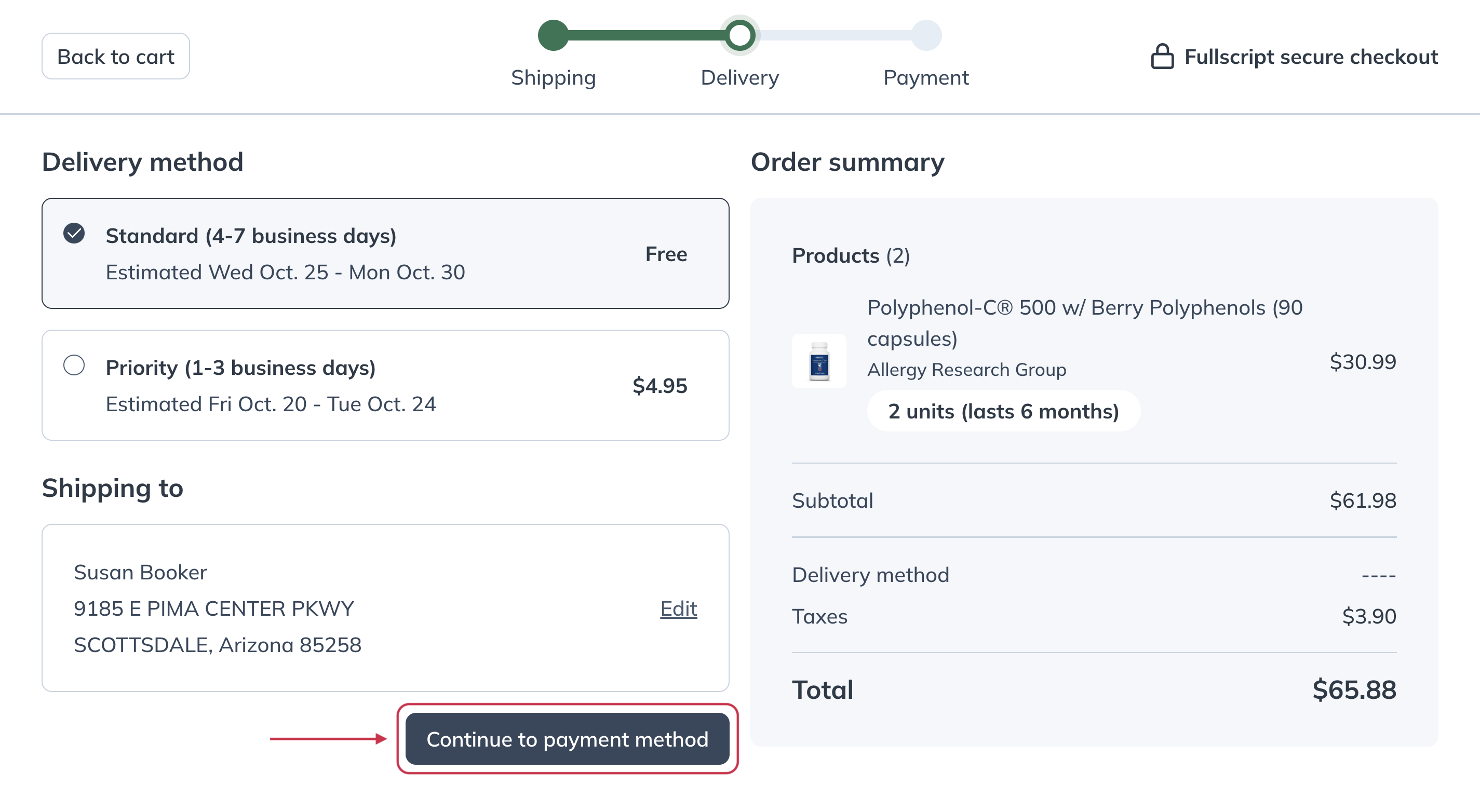 Select your delivery method, then click continue to payment method