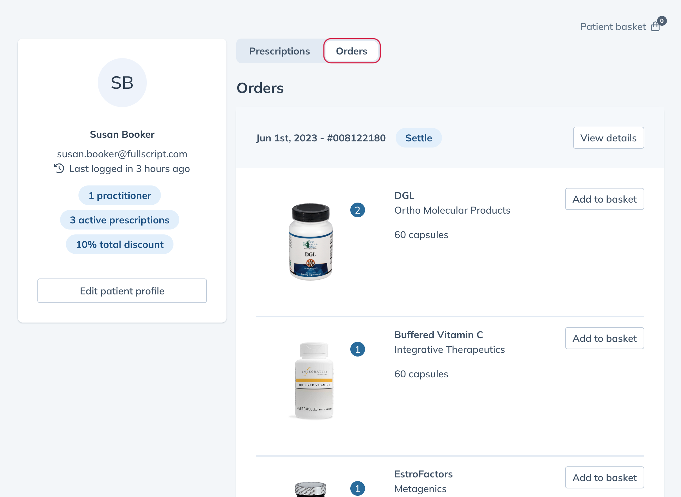 Click orders to view patient order history