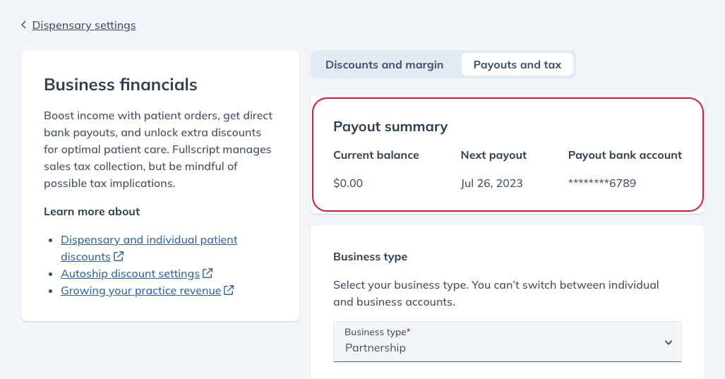 Payout details in business financials