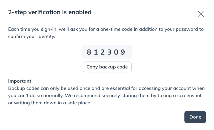 copy your backup code and click done