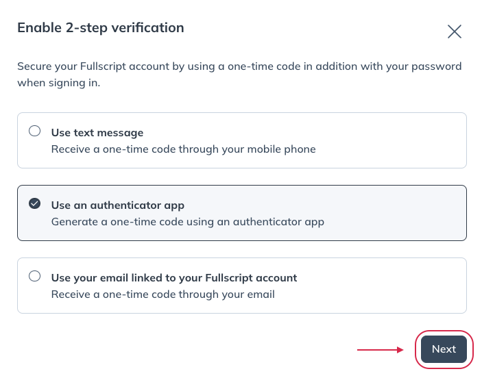 Select Use an authenticator app from the list of security options and click next
