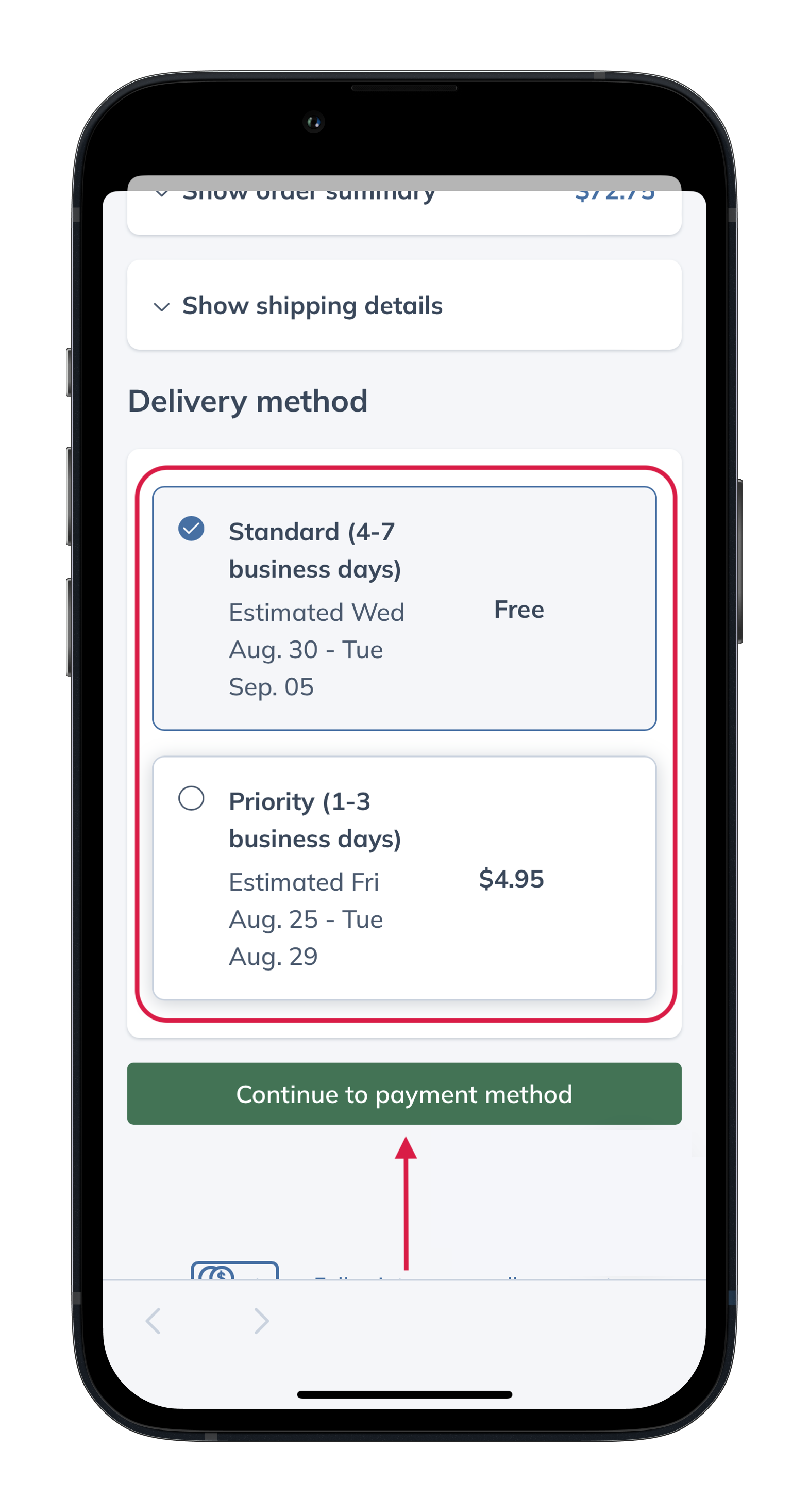 elivery method selection in checkout.