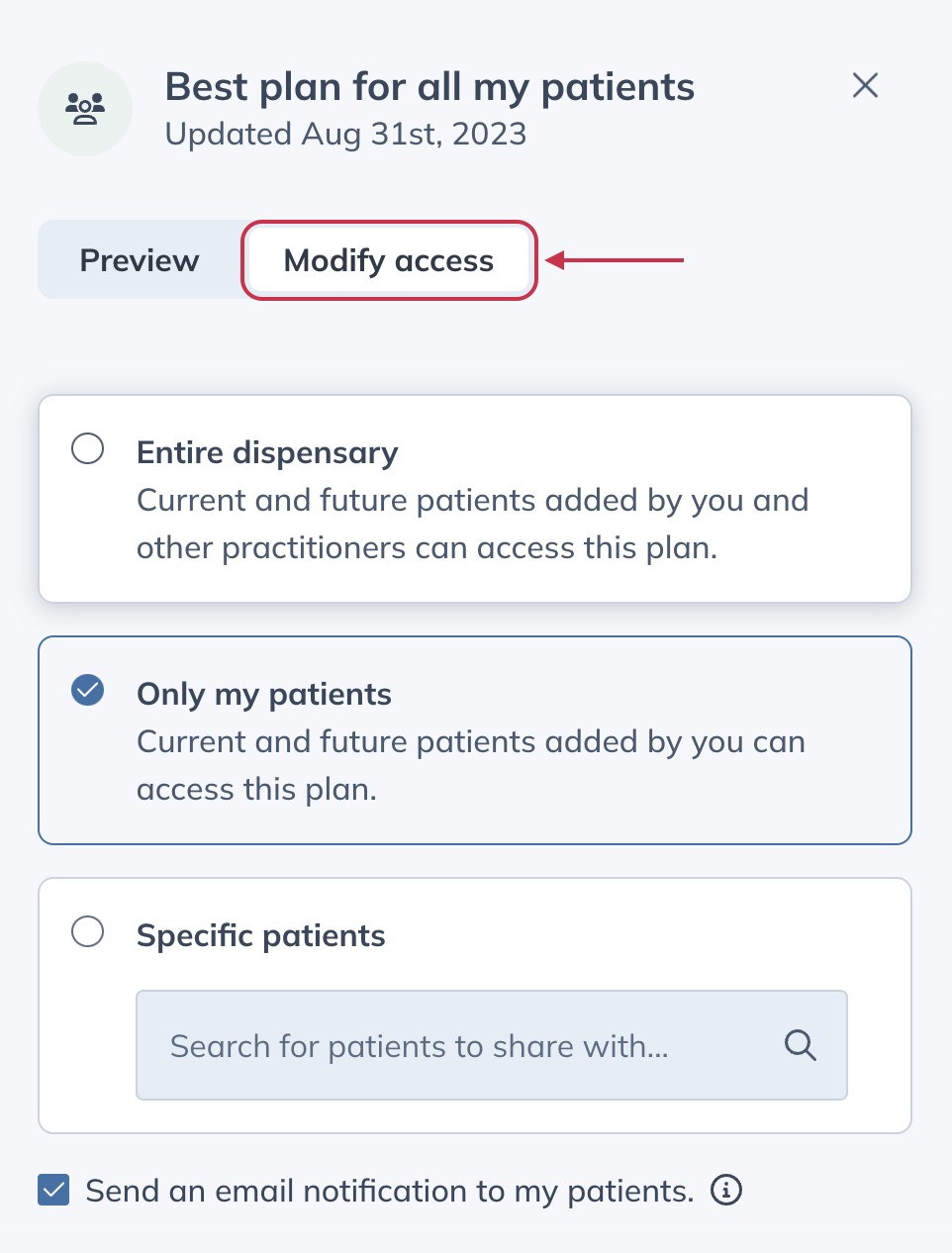 Modify access tab