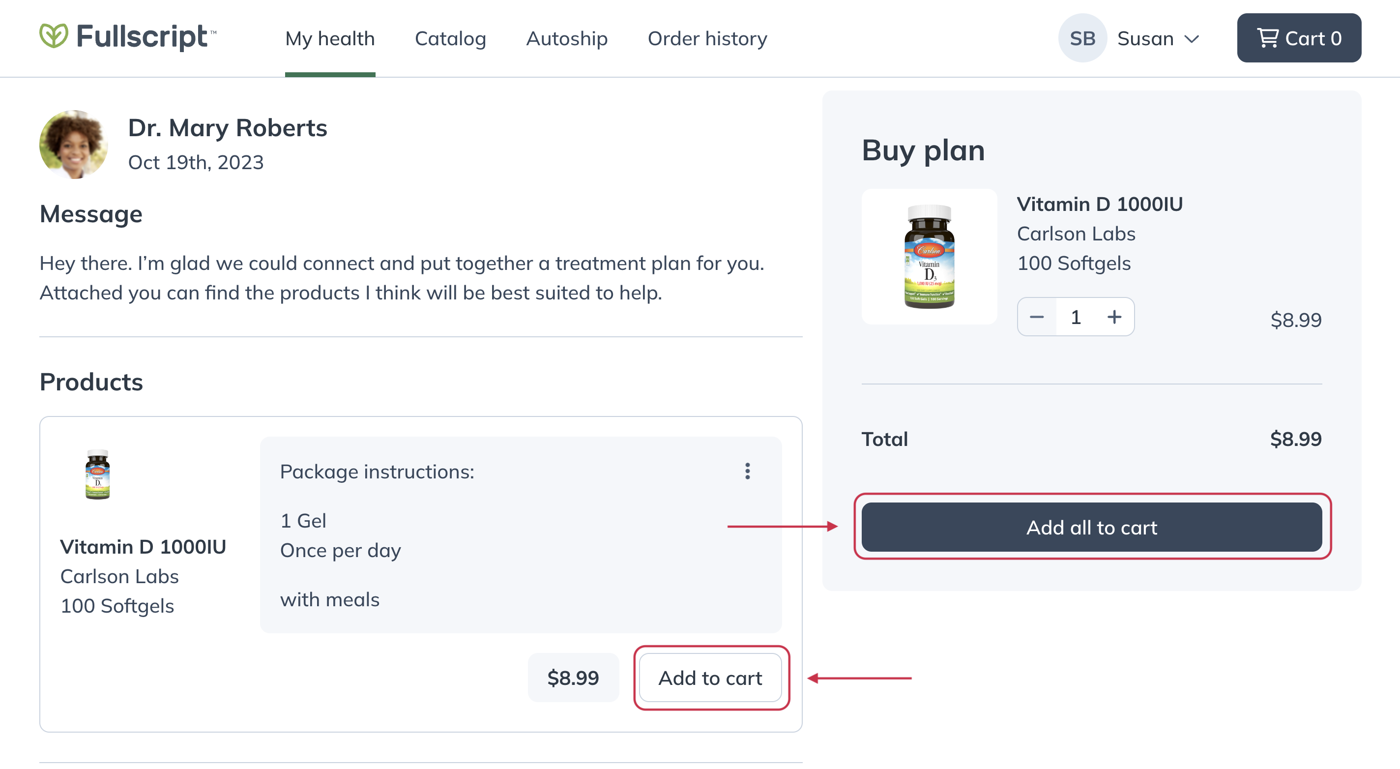  Adding products from a recommendation or prescription to the
        shopping cart