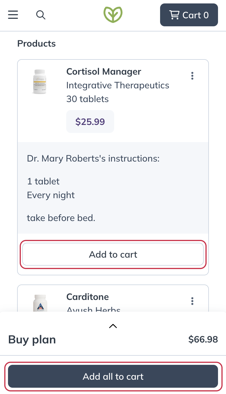 Adding products from a recommendation or prescription to the shopping cart