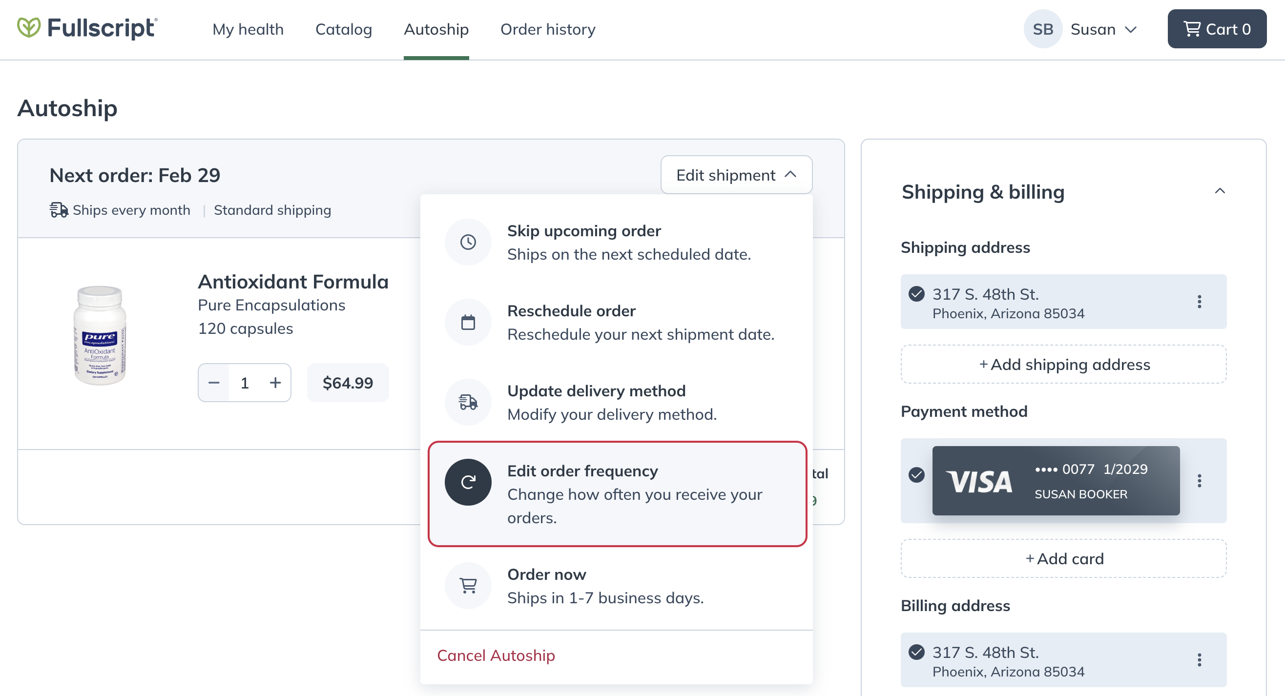 Managing shipping frequency from the autoship page