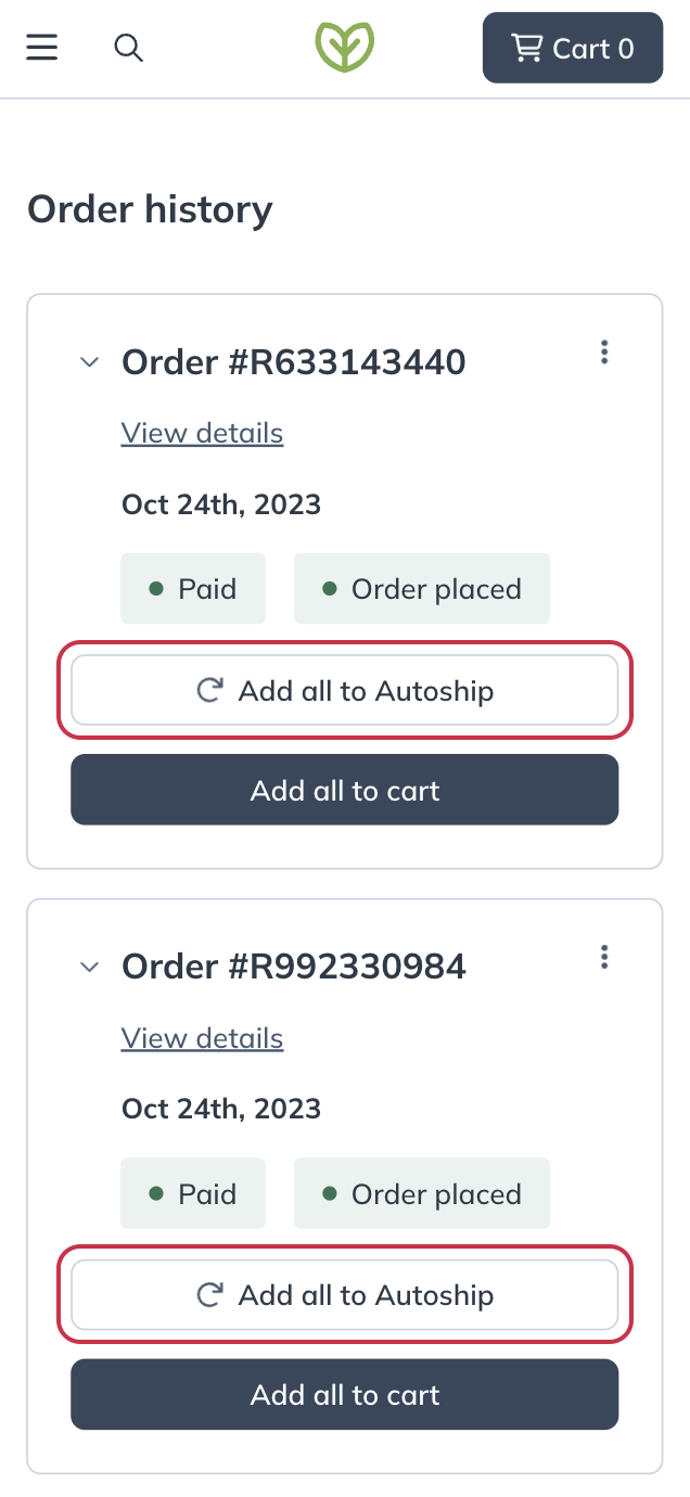 Reactivating a canceled Autoship schedule from the Order history screen.