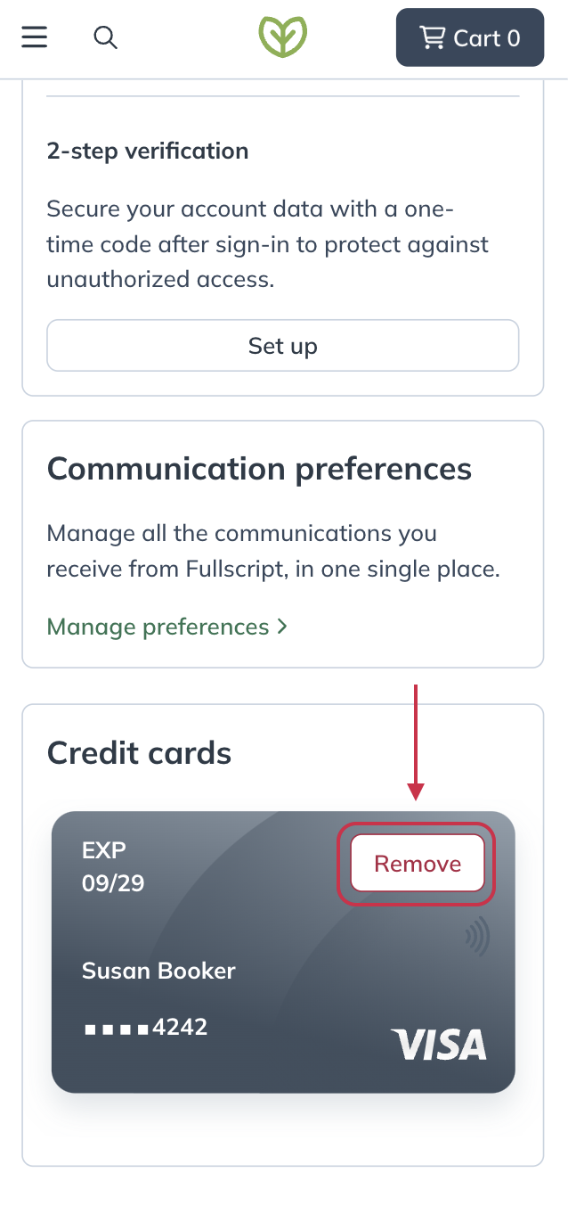 Tap Remove to delete the card on file