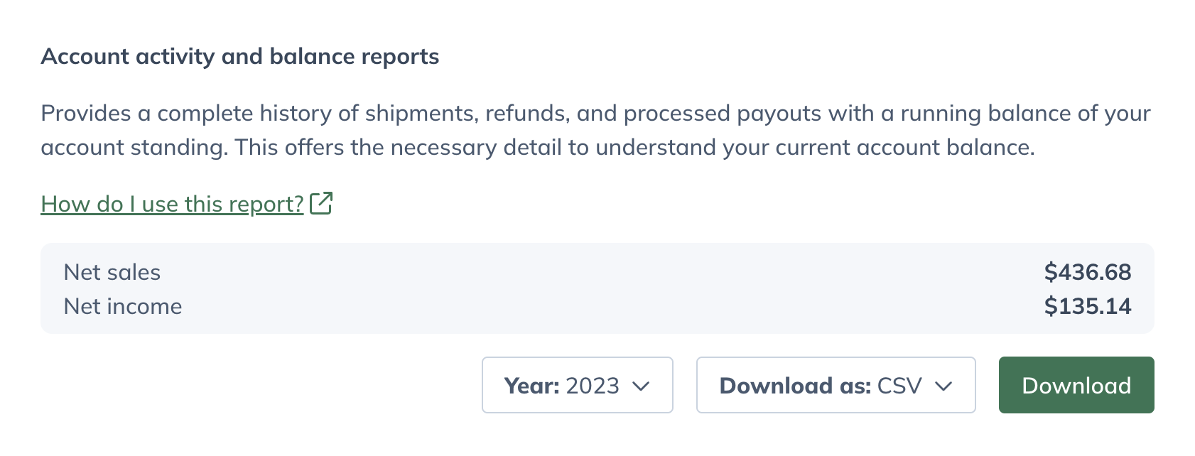 the account activity and balance report summary from the reports page