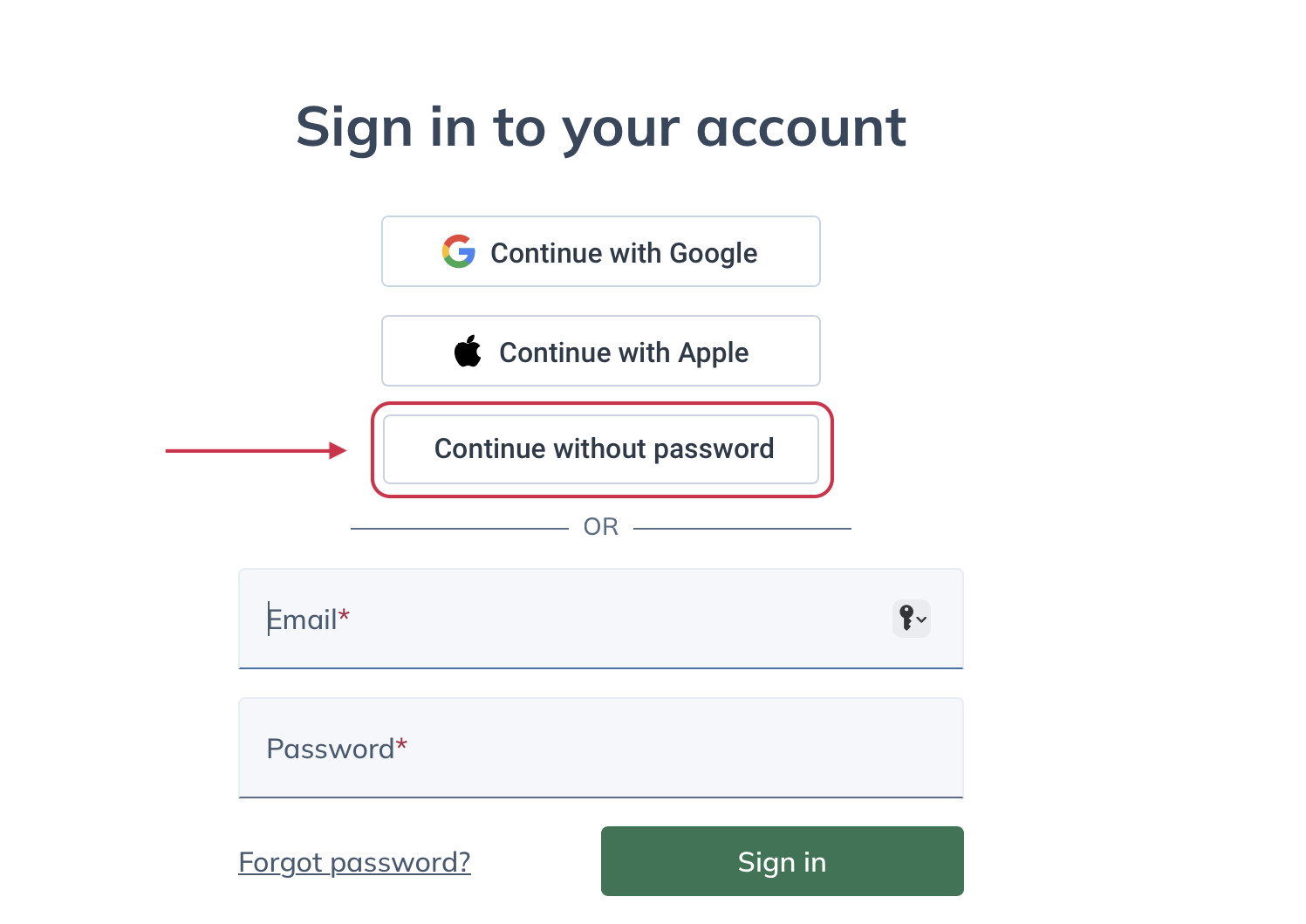 Selecting continue without password to request an instant link