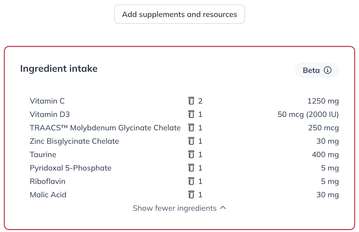 Ingredient intake summary at the bottom of the supplement plan tool