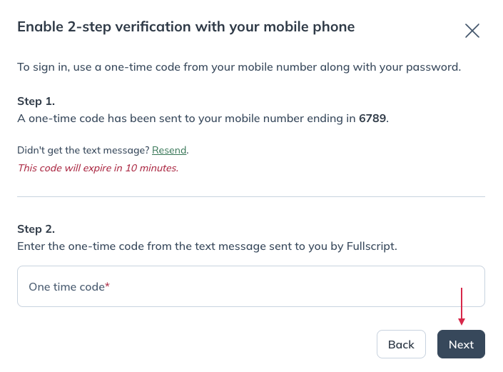 Enter the code sent to your mobile device and select Next.