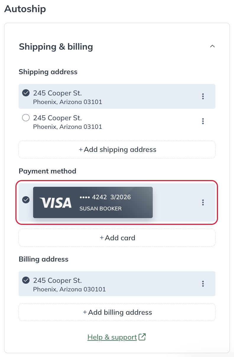 Using a saved payment method for Autoship orders
