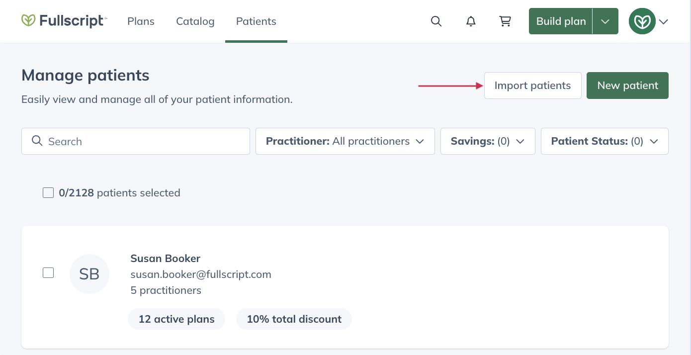 The import patients button under the Manage patients page