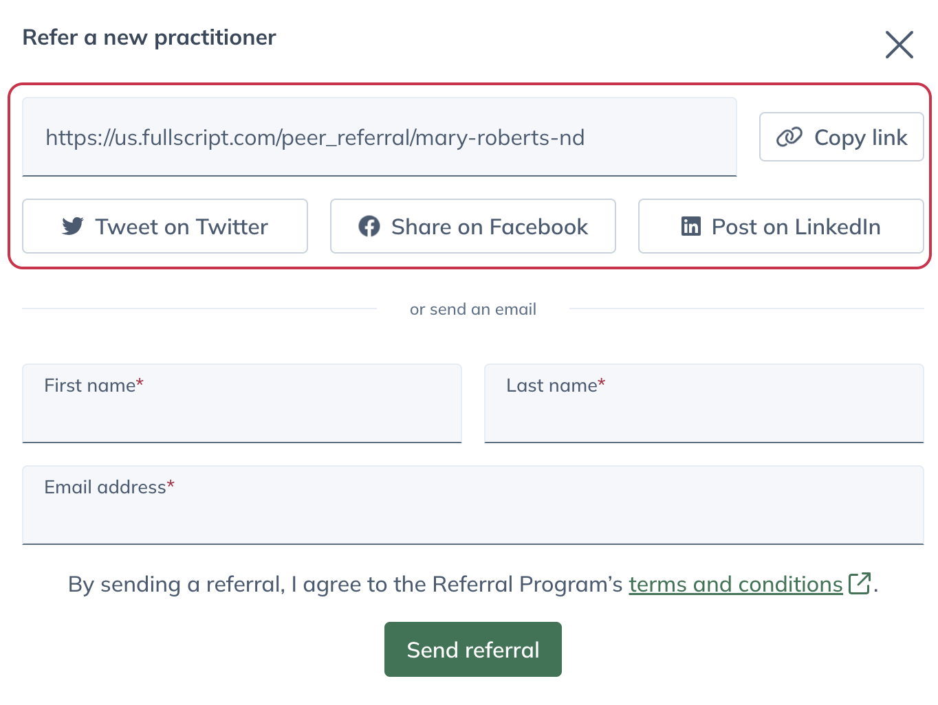 A dispensary's referral link and social sharing options to refer your network
  to Fullscript.