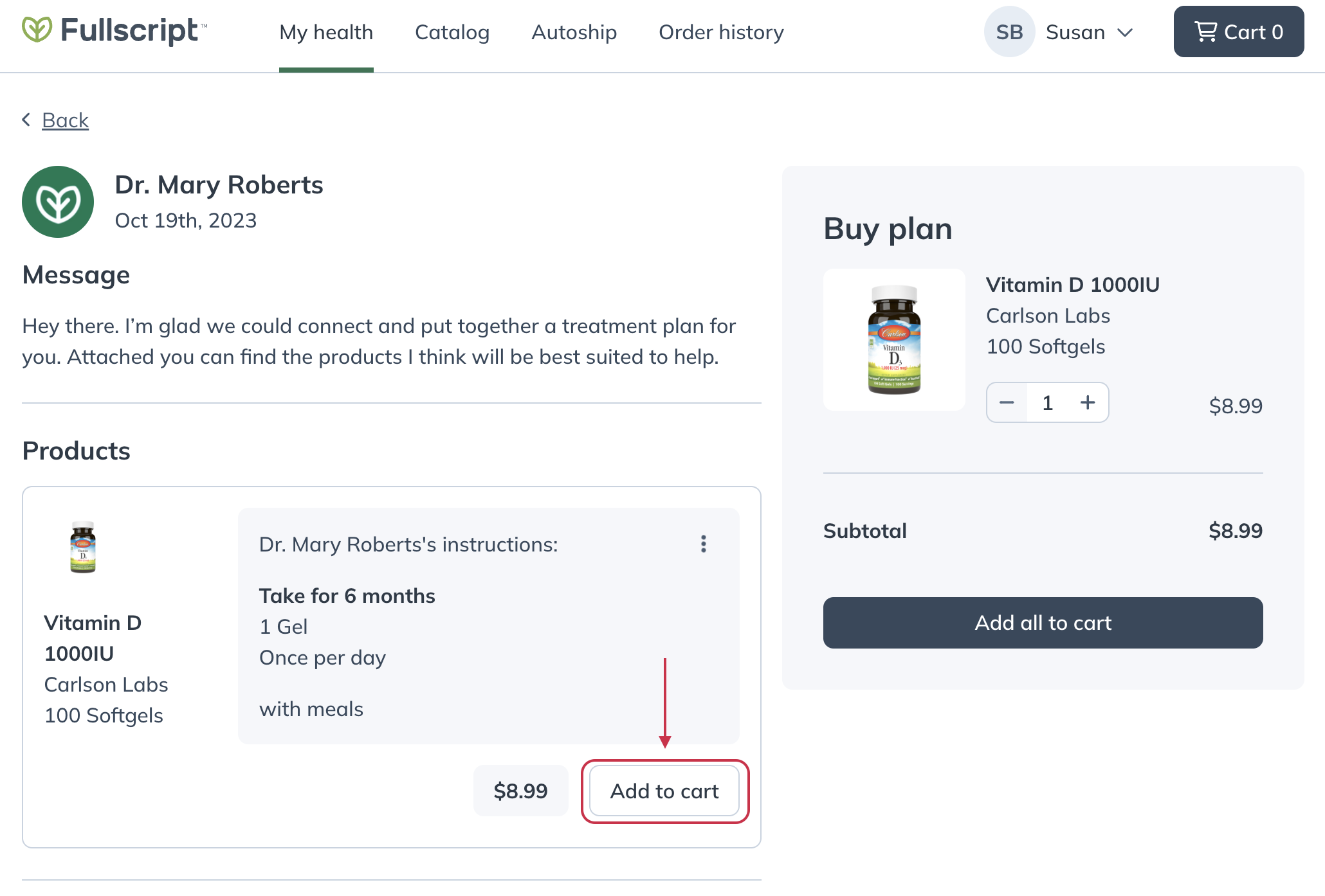 Selecting Add to cart to place a product into your cart